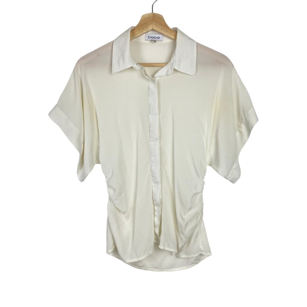 Bebe Bat Wing White Button Down Collared Vneck Top - image 5